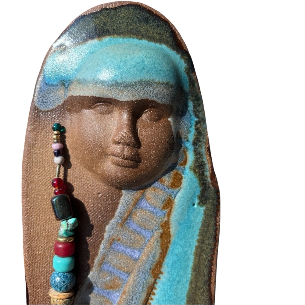 Handcrafted Wall Art Bead Face Pottery Clay Native American Style Artist Stamped - Picture 3 of 10